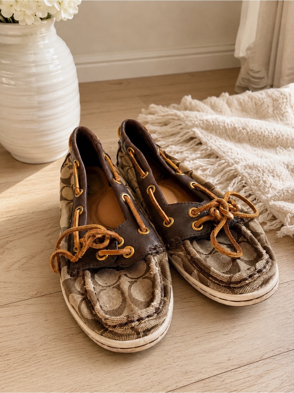 Coach Signature C Canvas Boat Shoes Brown Tan Loafers Women’s 6.5